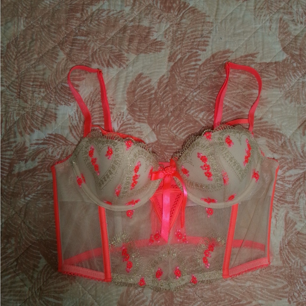Victoria's Secret Neon Pink and Cream Lace Bra